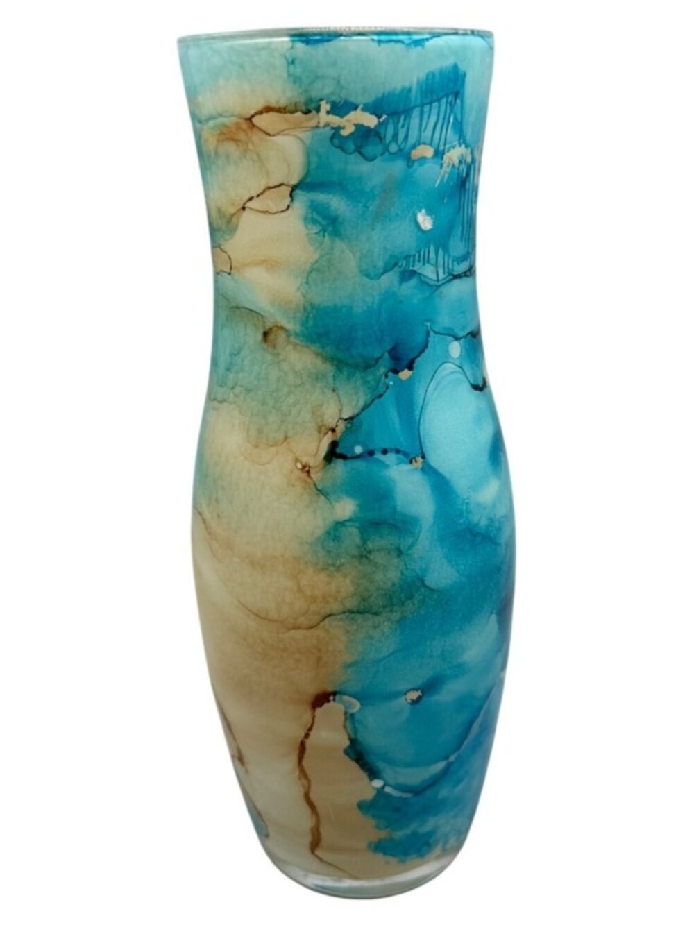 Handcrafted Glass Vase With Abstract Blue & Beige Watercolor Design 9.5x3" READ